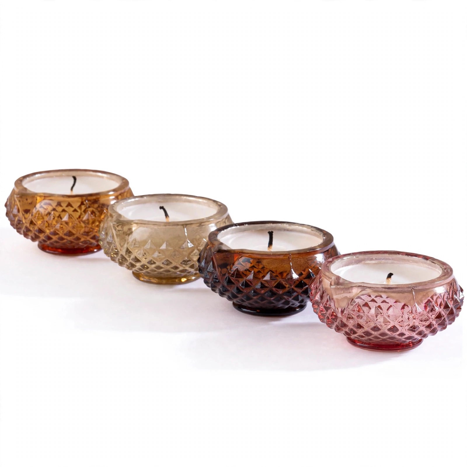 Vintage Diamond Diya - Crystal Cut Glass Tealight Holder with Wax - Set of 4 - Multicolor